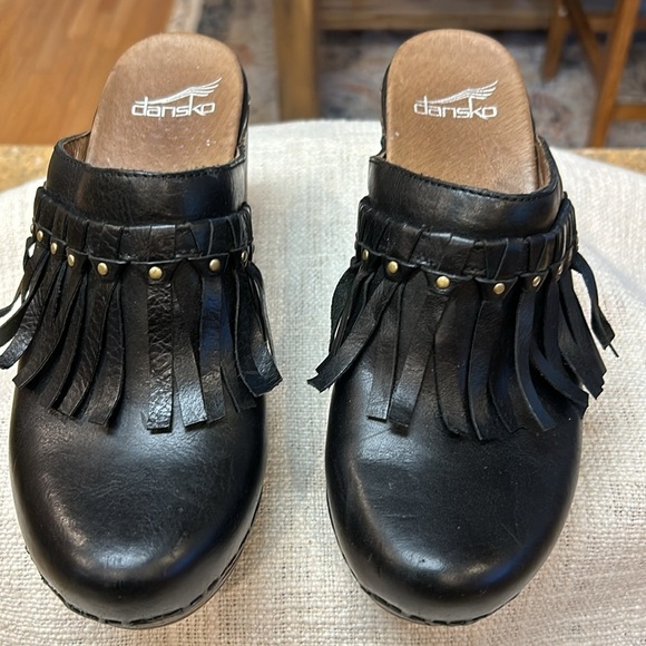 Dansko Deni Black Fringed Platform Clogs - Picture 6 of 12